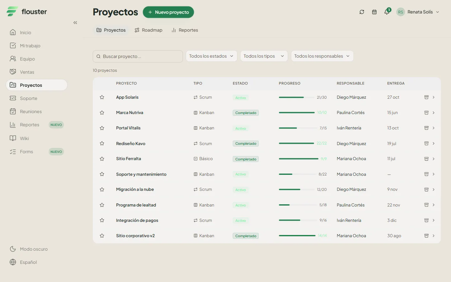 Captura del app de Flouster: el listado de proyectos con tipo, estado, progreso, responsable y fecha de entrega.