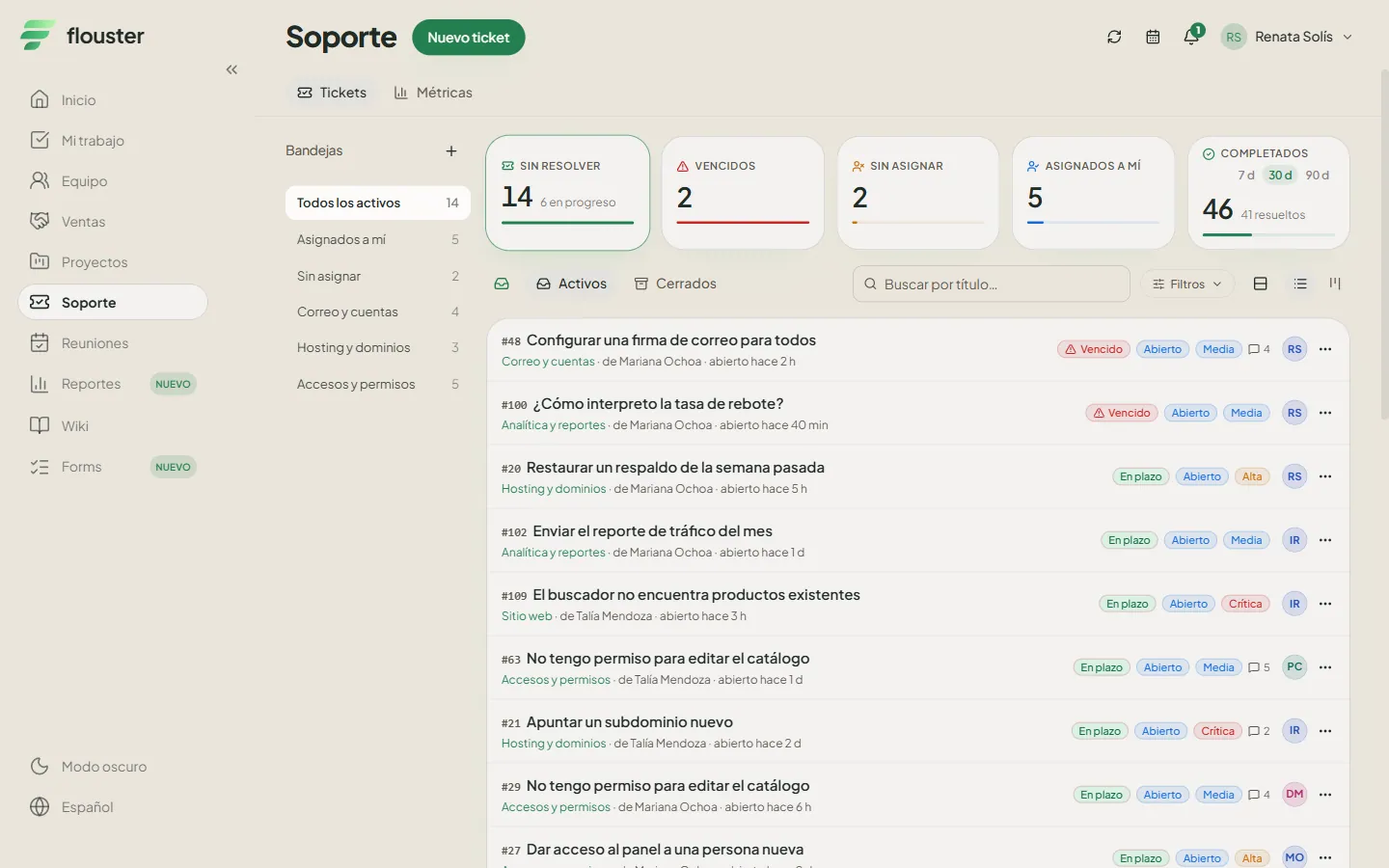 Captura del app de Flouster: la bandeja de soporte con tickets, prioridad, vencimiento y responsable.