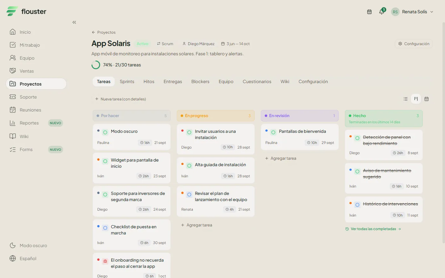 Captura del app de Flouster: el tablero kanban de un proyecto con tareas por hacer, en progreso y en revisión.