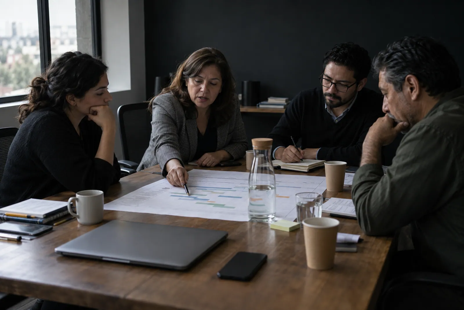 Un equipo de consultoría acuerda el plan de un proyecto alrededor de una mesa.
