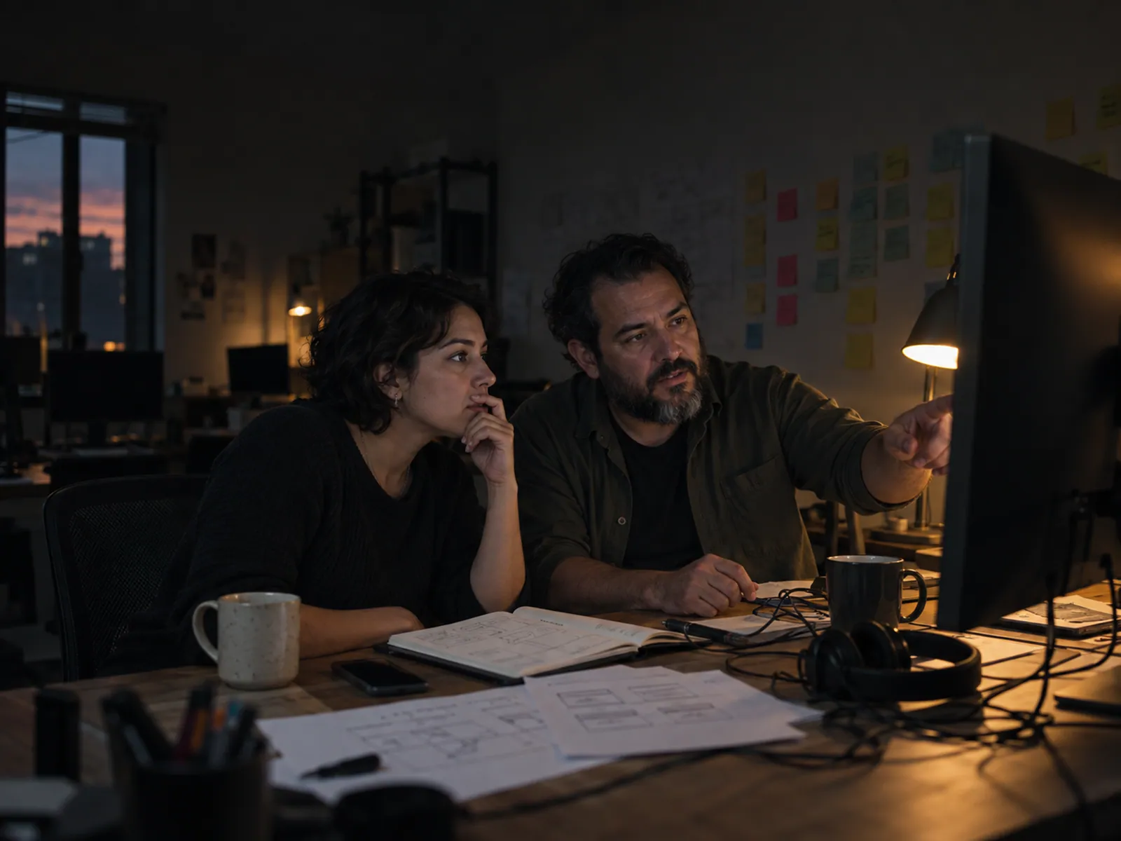 Dos personas de una agencia revisan un trabajo en una pantalla grande, con notas adhesivas alrededor.