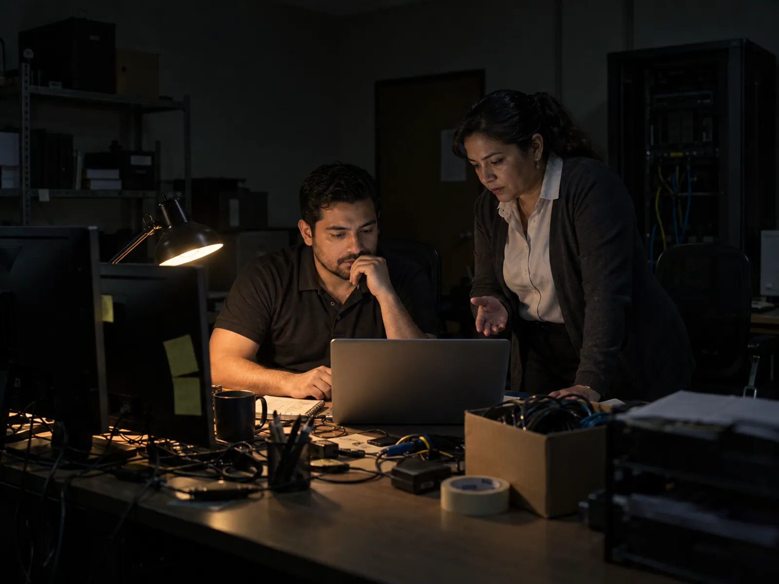 Una persona de TI atiende a una compañera en su escritorio, con dos monitores apagados detrás.