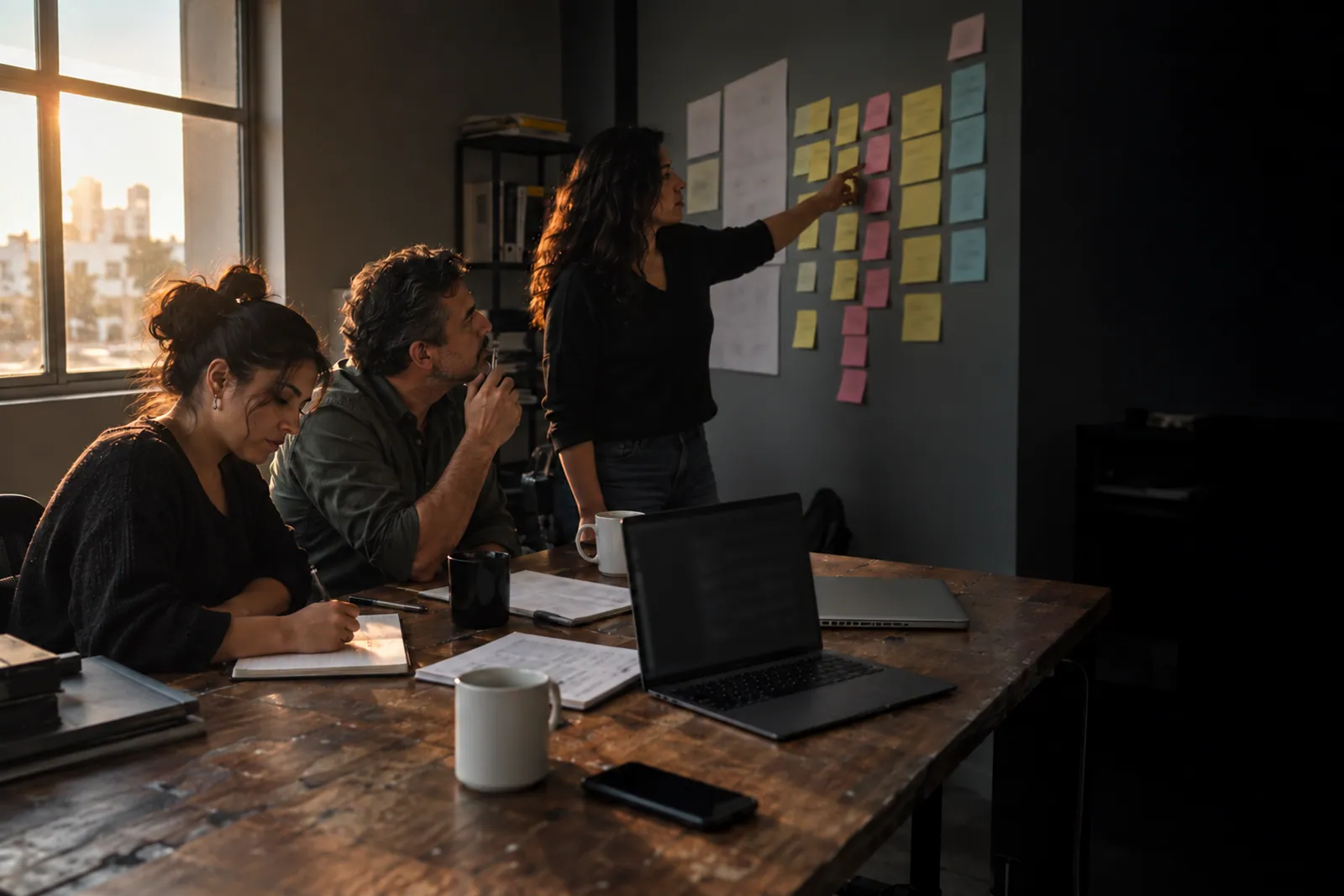 Un equipo revisa en una mesa de trabajo el plan de un proyecto.